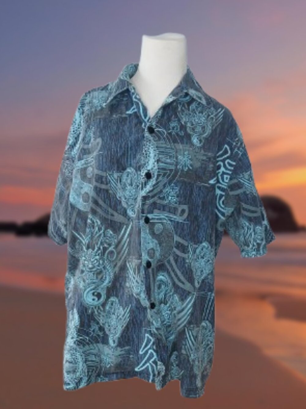 button short sleeve shirt dragons yin and yang Asian characters Hawaiian cotton